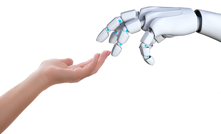 Human Hand Touching Robotic Hand on White Background