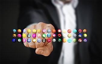 Businessman Hand Reaching For Floating Digital App Icons