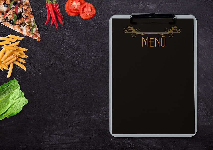 Restaurant Menu Mockup With Food Ingredients On Dark Slate