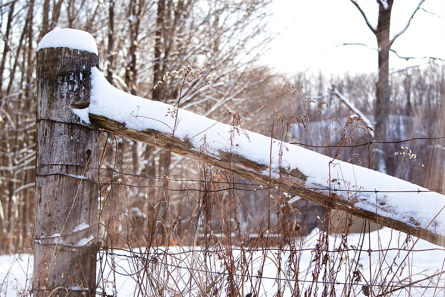 Snow-covered wooden fence post in winter forest landscape