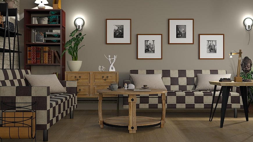 Cozy Modern Living Room With Checkered Sofa And Wooden Coffee Table