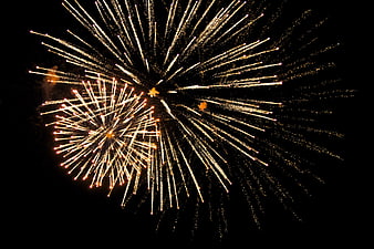 Golden fireworks exploding in the night sky