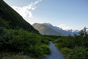 Gravel hiking trail winding through lush green mountains