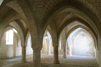 Stone vaulted arches in historic Austrian monastery interior