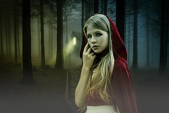 Gothic Red Riding Hood in Dark Misty Forest