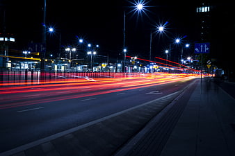 Long Exposure Night Traffic Light Trails on City Street