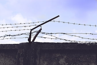 Barbed wire fence on concrete wall against blue sky