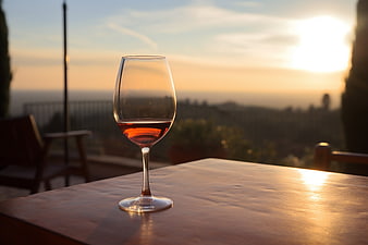 Glass of Rosé Wine on Wooden Table at Sunset
