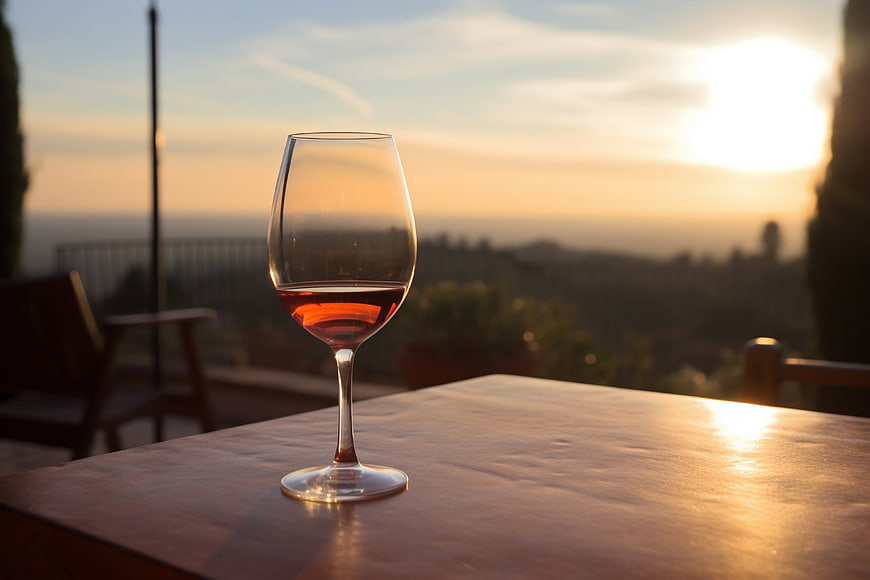 Glass of Rosé Wine on Wooden Table at Sunset