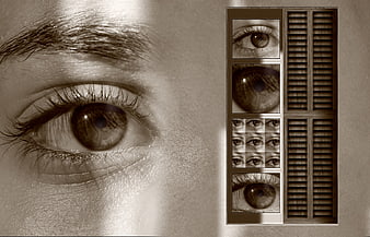 Conceptual collage of a woman's eye and window shutters in sepia tone