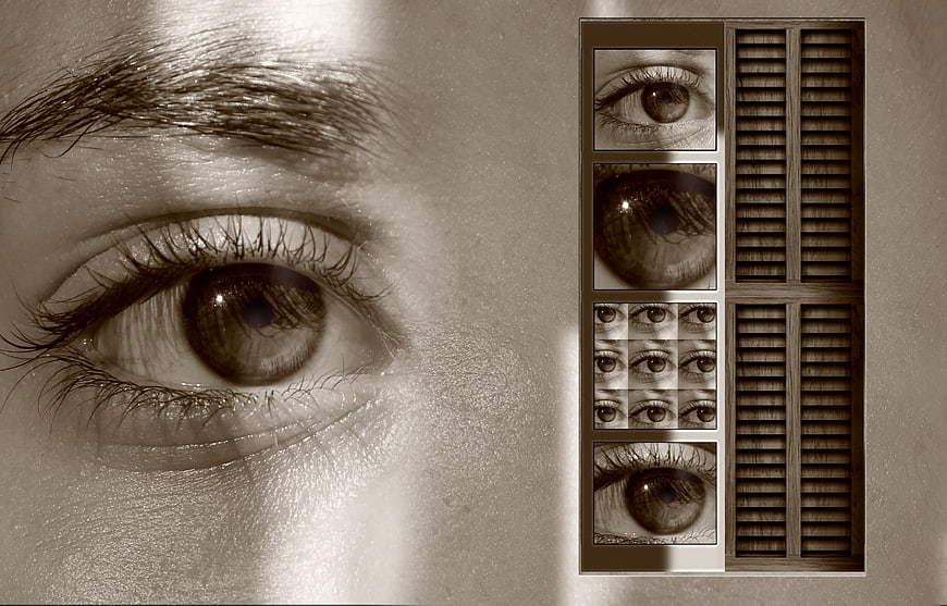 Conceptual collage of a woman's eye and window shutters in sepia tone