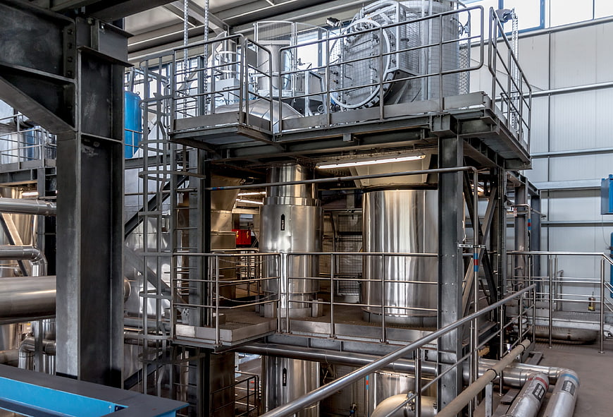 Industrial stainless steel processing plant interior