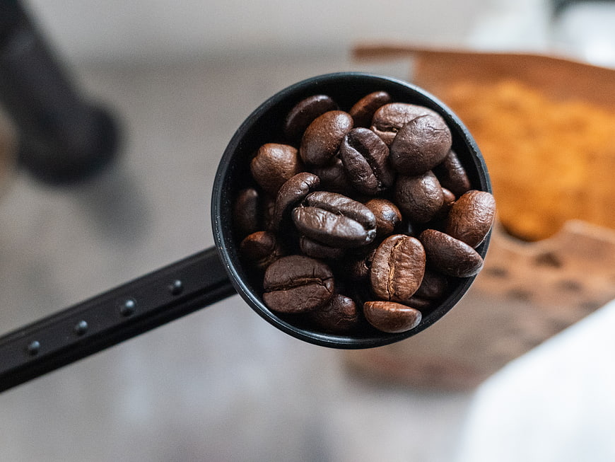 Close-up of roasted coffee beans in a black scoop