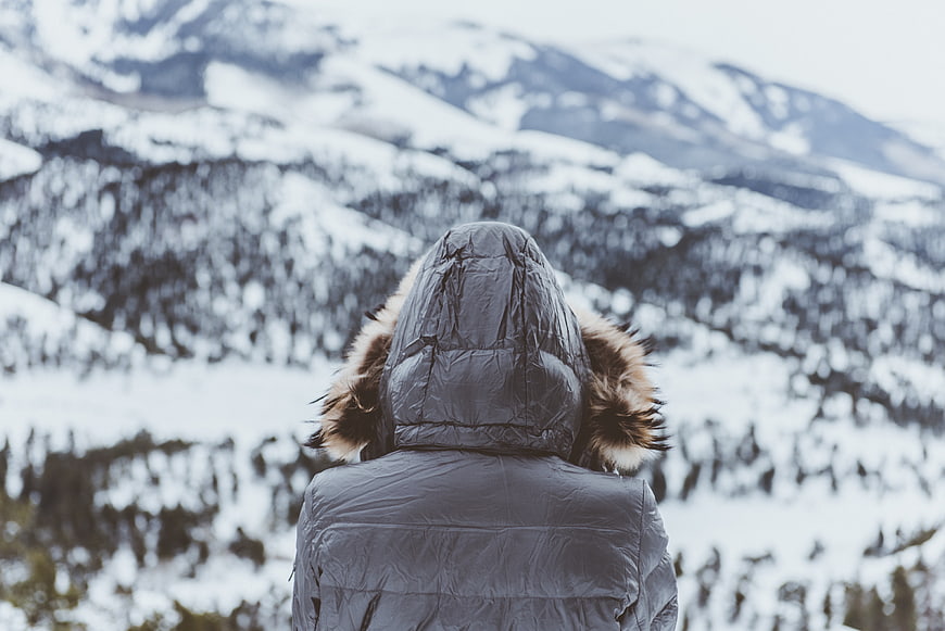 Person in Winter Jacket Looking at Snowy Mountains