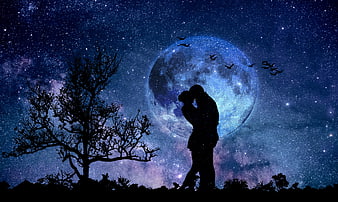 Romantic Couple Silhouette Under Giant Moon and Starry Sky