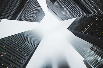 Low angle view of skyscrapers disappearing into thick fog