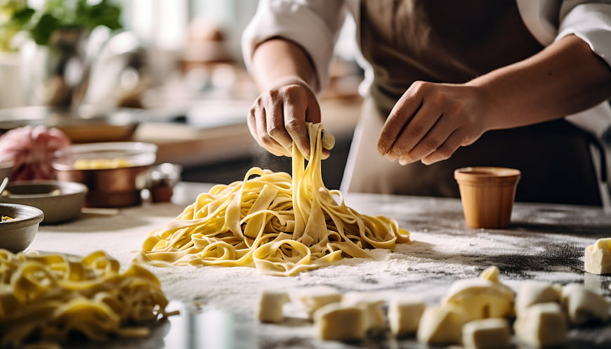 Hands making fresh homemade pasta in a rustic kitchen