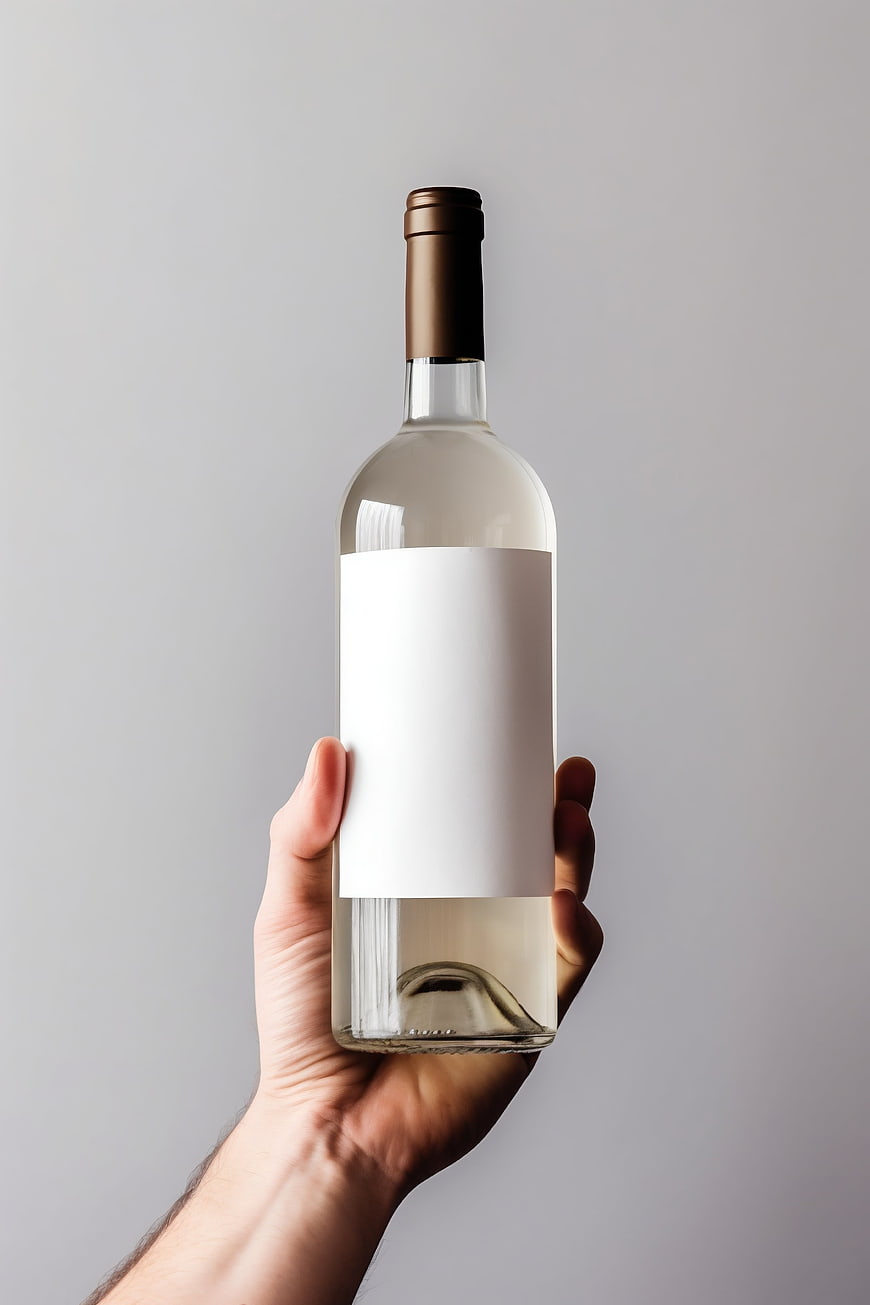 Hand holding white wine bottle with blank label mockup