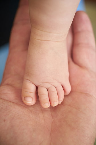 Close-up of a newborn baby's tiny foot resting in an adult's hand