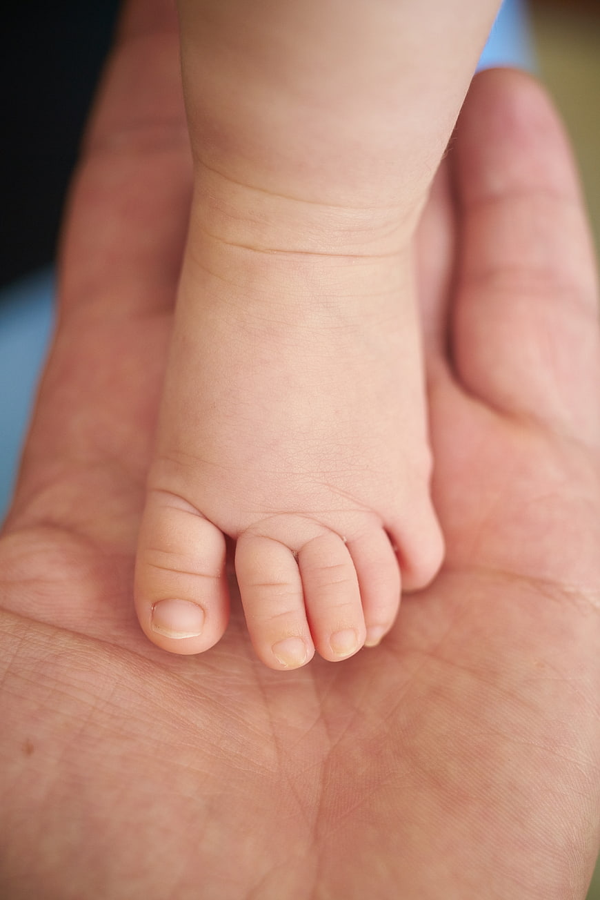 Close-up of a newborn baby's tiny foot resting in an adult's hand