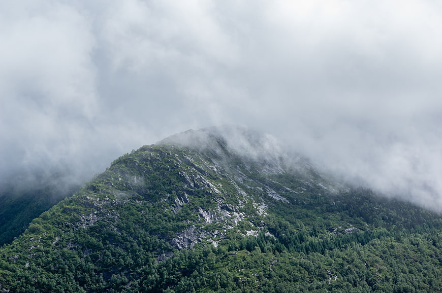 Misty Mountain Peak with Green Forest and Clouds