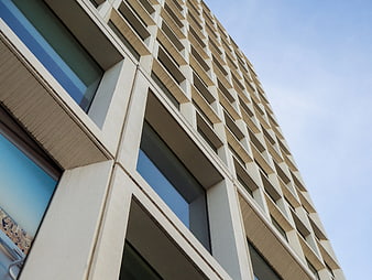 Low Angle View of Modern Geometric Office Building Facade