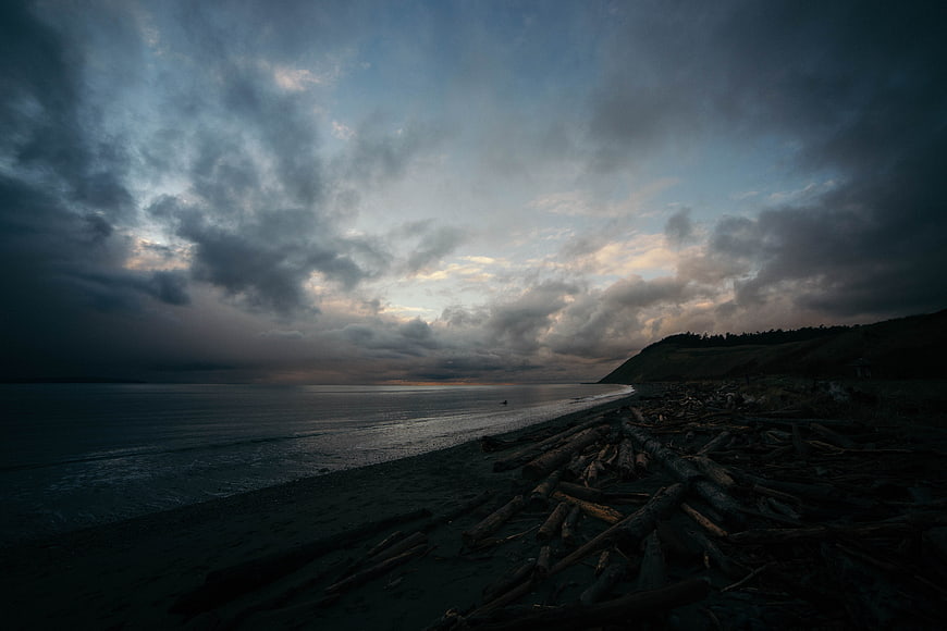 Dramatic moody sunset over a driftwood-covered beach