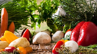 Fresh Vegetables and Herbs with Decorative Bird