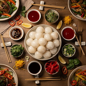 Top View of Asian Rice Balls with Fresh Toppings and Sauces
