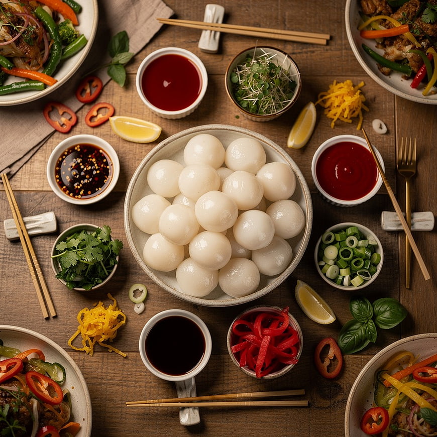 Top View of Asian Rice Balls with Fresh Toppings and Sauces