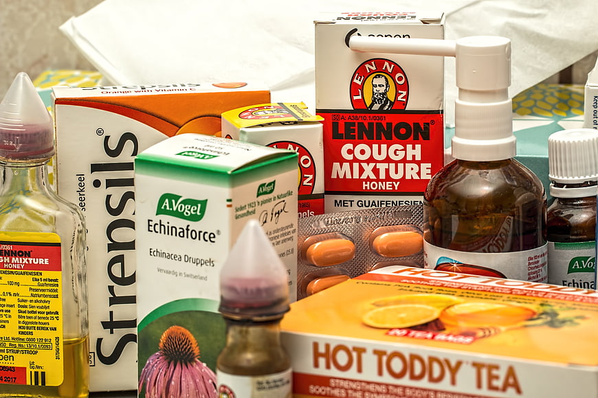 Assorted Cold And Flu Medicines Including Cough Syrup And Tea