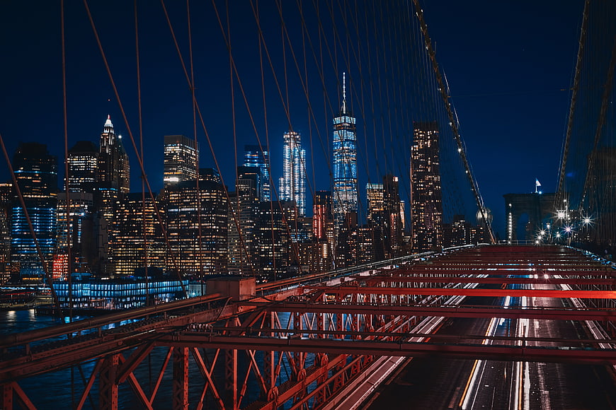 New York City Skyline at Night from Brooklyn Bridge