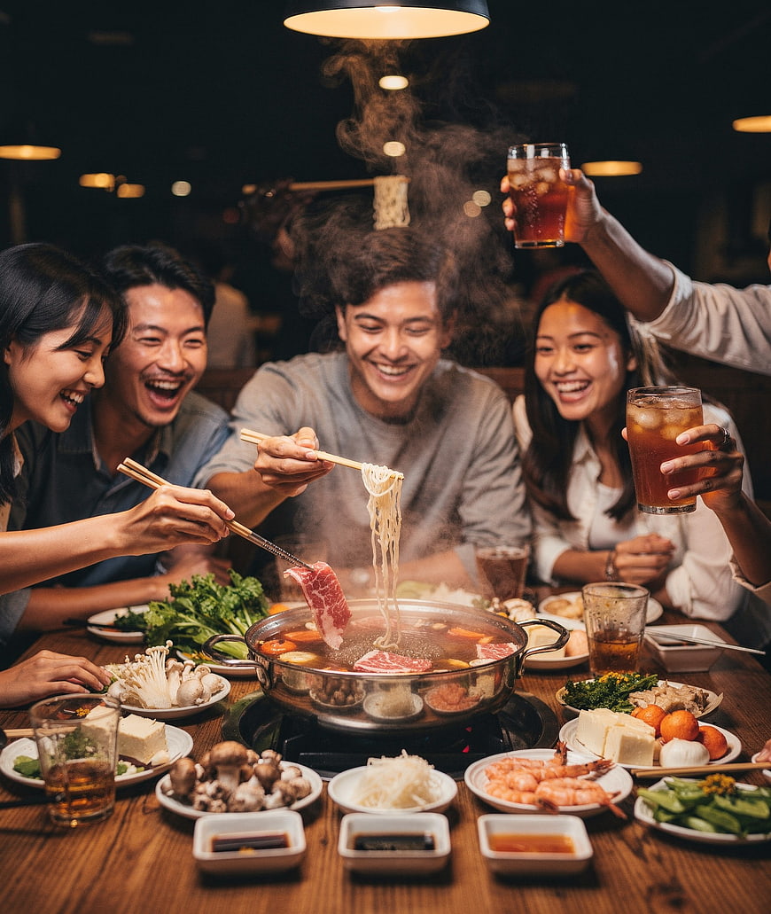 Friends enjoying hot pot dinner with drinks
