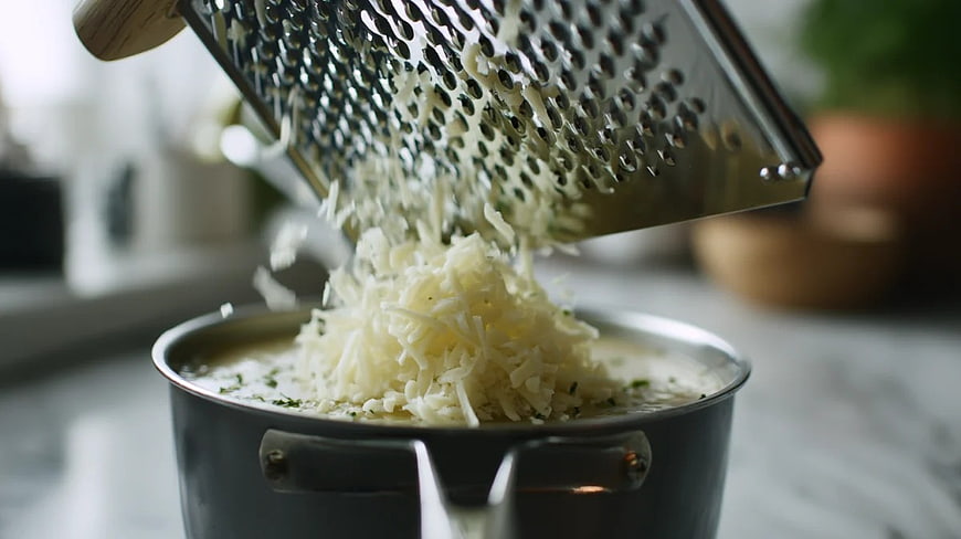 Grated Cheese Falling into Creamy Soup Pot