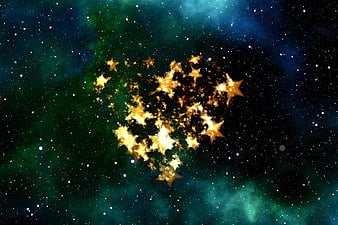 Golden Star Heart Shape in Deep Space Nebula Background