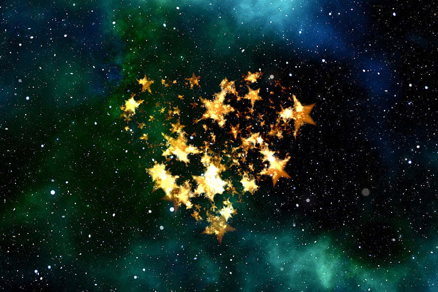 Golden Star Heart Shape in Deep Space Nebula Background
