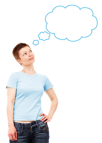 Young woman with short hair thinking with thought bubble