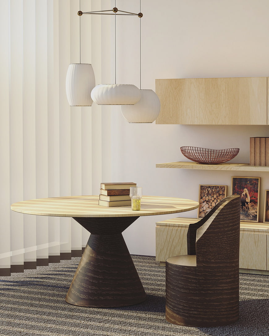 Modern dining room with wooden table and chair