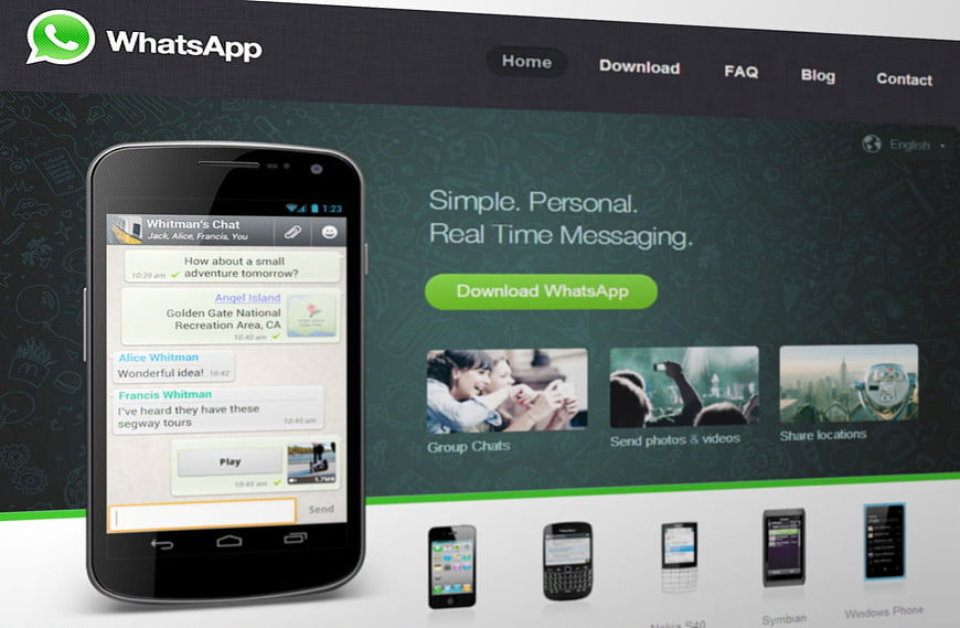 WhatsApp Website Screenshot Featuring Smartphone Chat Interface