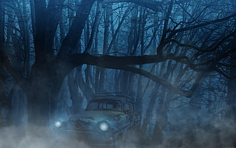 Mystical Old Car In Foggy Dark Forest At Night