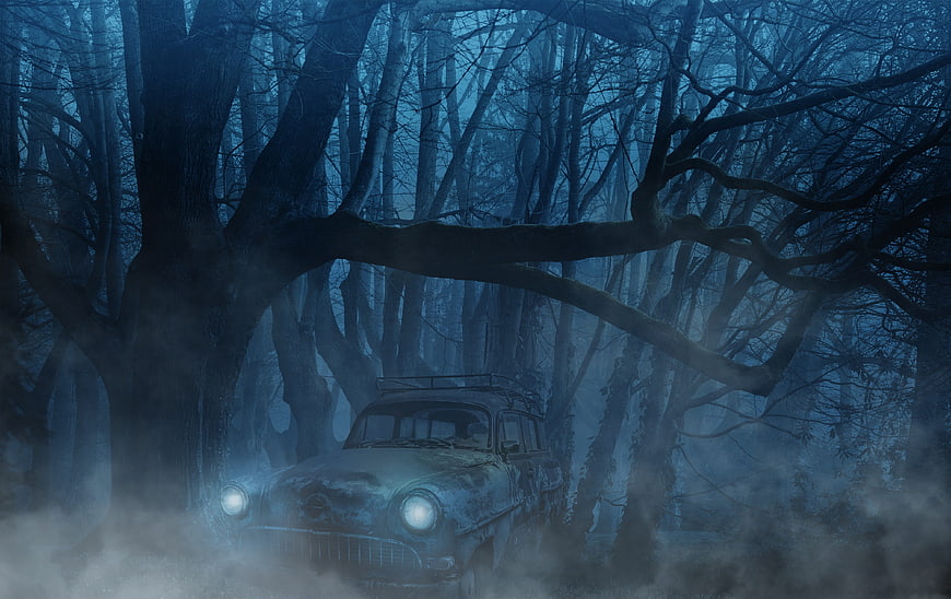 Mystical Old Car In Foggy Dark Forest At Night