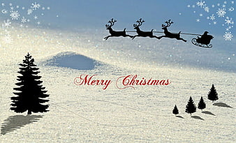 Merry Christmas Greeting Card With Reindeer Sleigh And Snowy Landscape