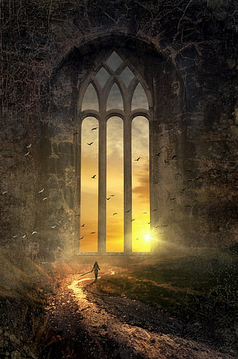 Silhouette of warrior walking through gothic ruin window at sunset