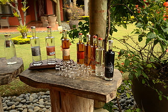 Assorted liquor bottles and shot glasses on rustic wooden table