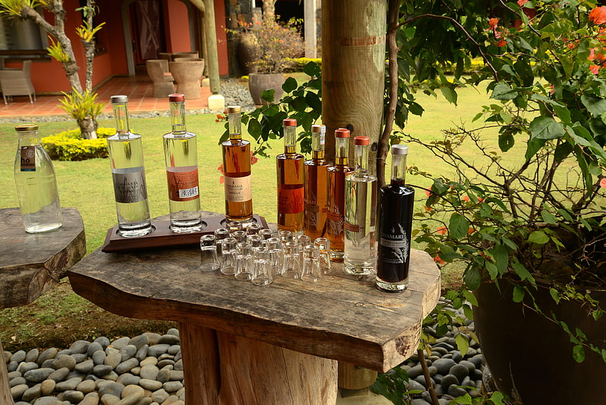Assorted liquor bottles and shot glasses on rustic wooden table
