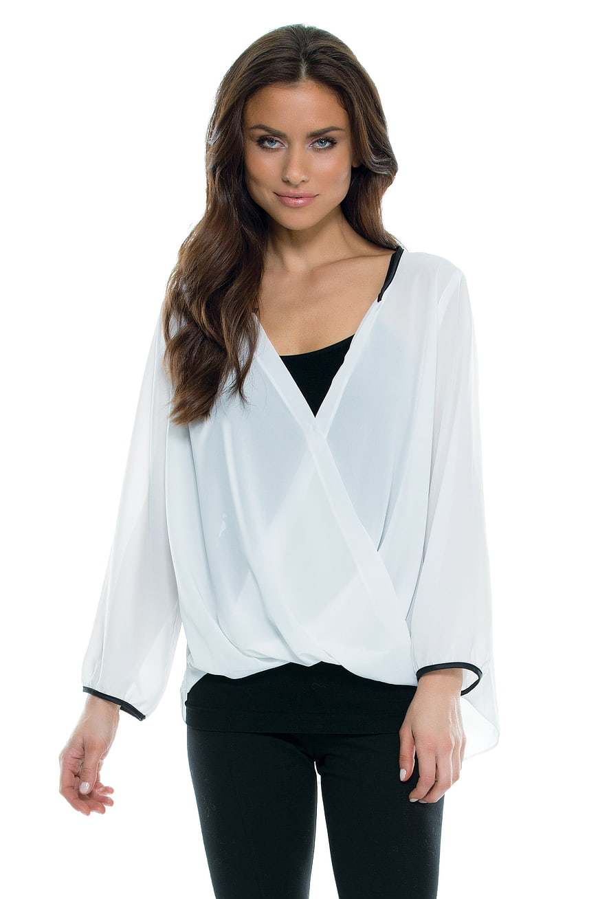 Woman Wearing White Blouse And Black Pants On White Background