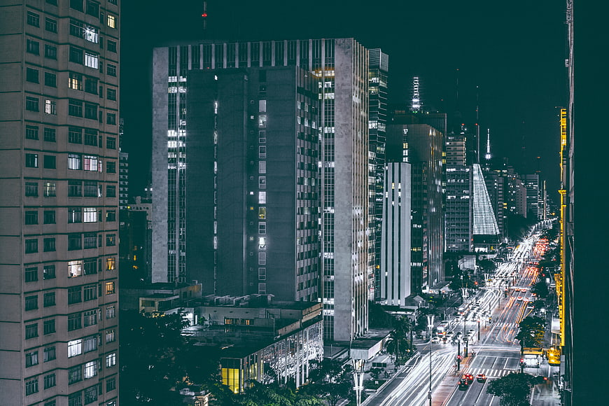 Night cityscape with long exposure traffic light trails