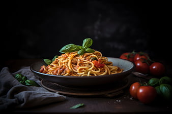 Dark moody spaghetti with tomato sauce and fresh basil