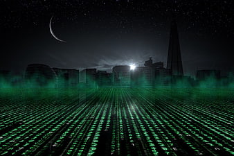 Digital Matrix City Skyline with Green Binary Code