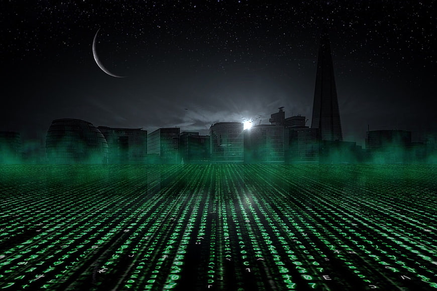 Digital Matrix City Skyline with Green Binary Code